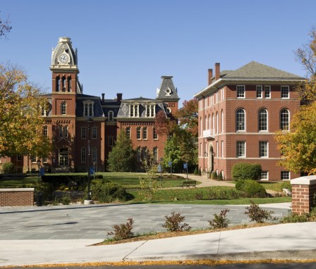 Woodburn Hall at West Virginia University on a sunny autumn day